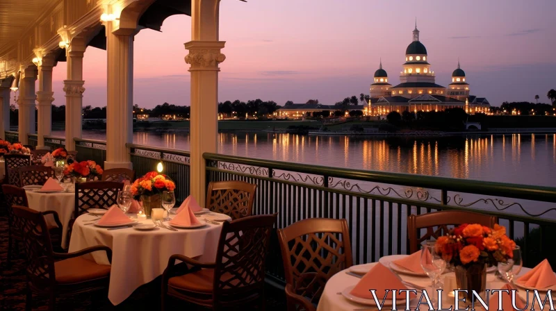 Luxurious Restaurant Terrace with Lake View AI Image