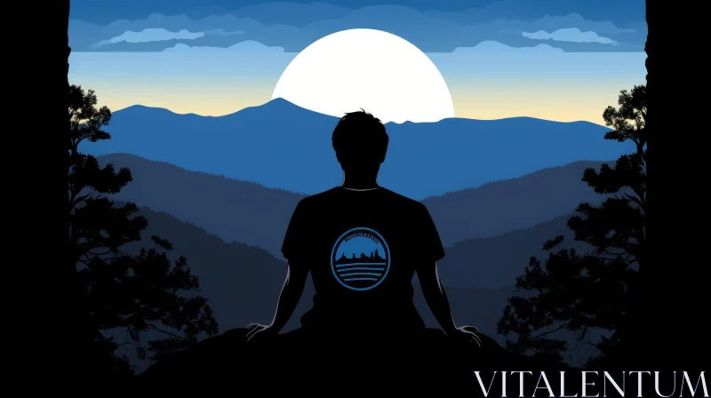 Man on Mountaintop Gazing at Full Moon - Digital Illustration AI Image
