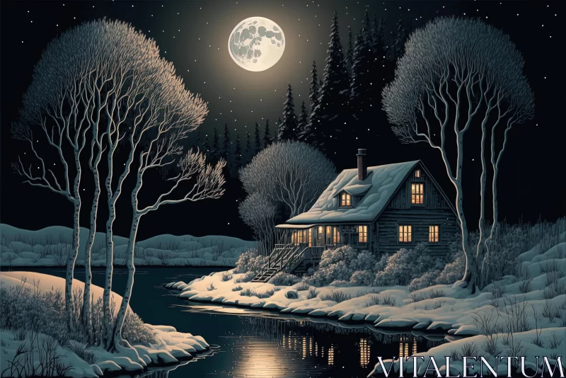 Moonlit House in Snow: Highly Detailed Illustration AI Image