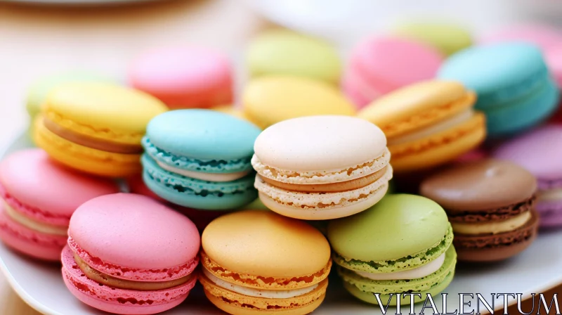 Multicolored Macarons Close-Up Plate View AI Image