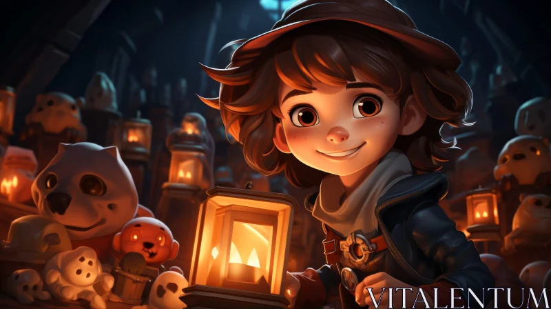 Mysterious Portrait of Young Girl with Lantern and Strange Creatures AI Image
