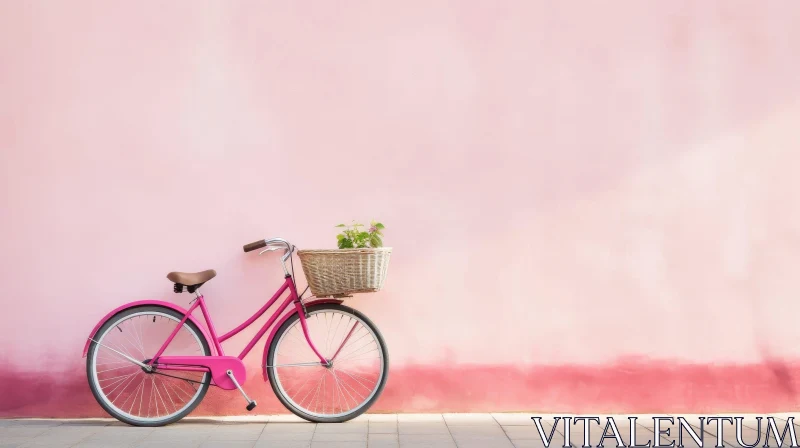 Pink Bicycle with Flower Basket Against Pink Wall AI Image