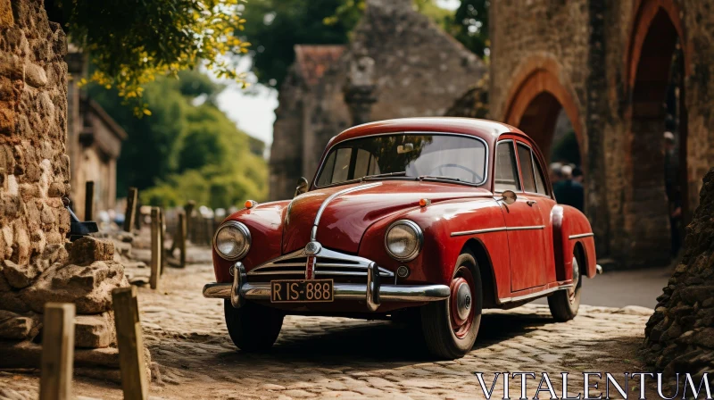 Red Vintage Car in European Village AI Image