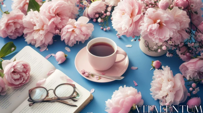 AI ART Serene Still Life with Tea Cup, Book, Glasses, and Pink Peonies