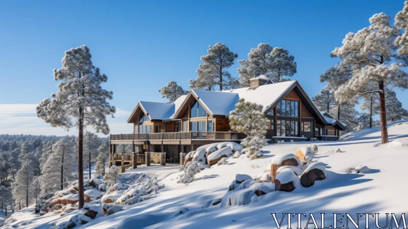 Serene Winter Landscape with Wooden House AI Image