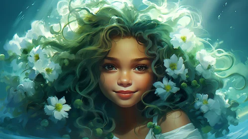 Serene Woman Portrait with Green Hair and White Flowers