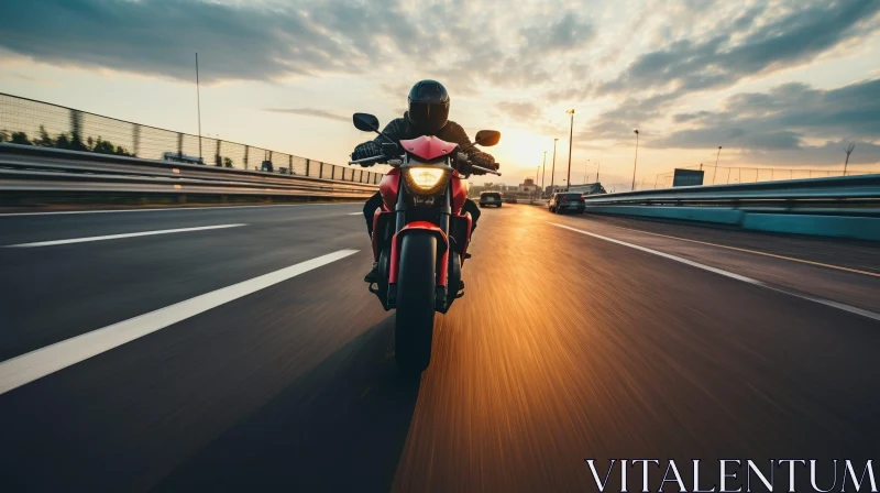 Thrilling Sunset Motorcycle Ride on Asphalt Road AI Image