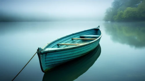 Tranquil Lake Landscape with Blue Boat in Morning Fog