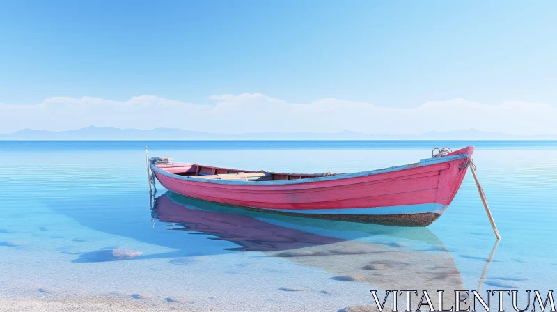 Tranquil Lake Landscape with Pink Wooden Boat AI Image