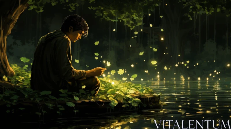 AI ART Tranquil Lake Scene with Young Man and Glowing Flowers