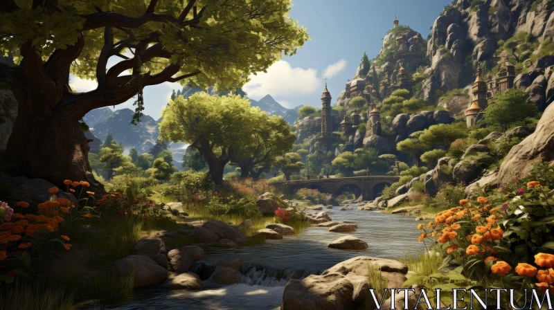 Tranquil Valley Landscape with River and Castle AI Image