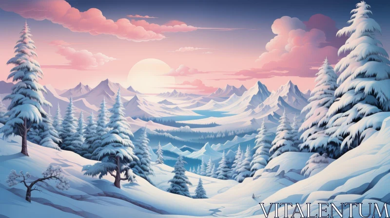 Tranquil Winter Landscape with Mountains and Snow AI Image