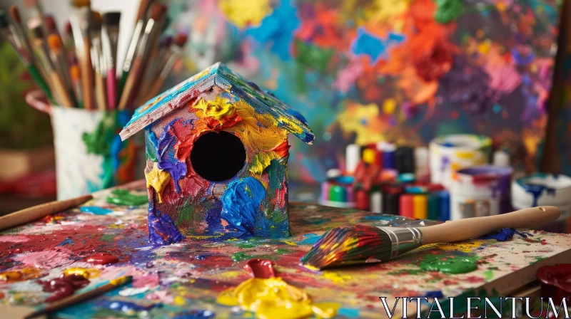 Vibrant Wooden Birdhouse on Colorful Painted Table AI Image
