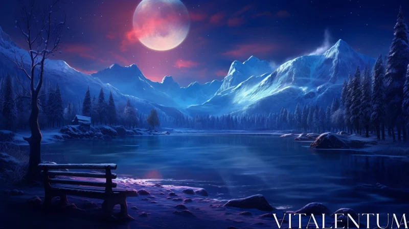 Winter Landscape with Moon and Snow-Capped Mountains AI Image