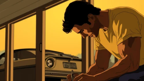 Animated Film Scene: Man Working on Car in Garage