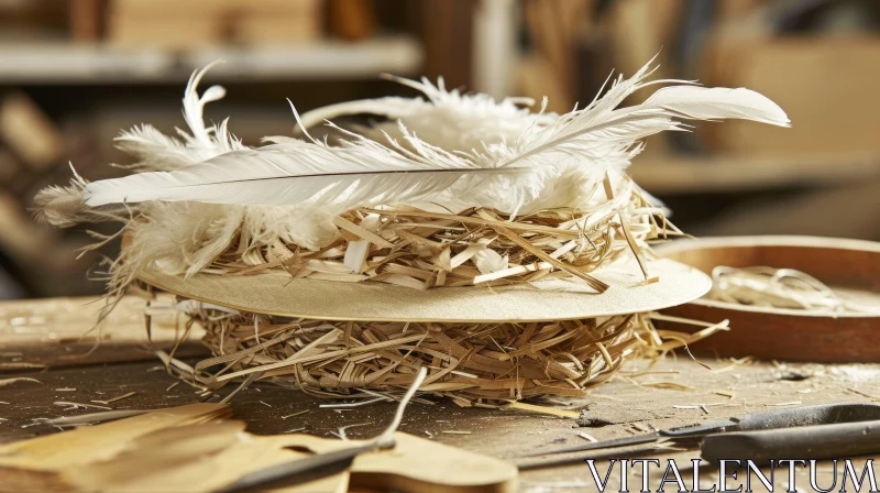Artistic Straw Hat on Wooden Table - Handcrafted Beauty AI Image