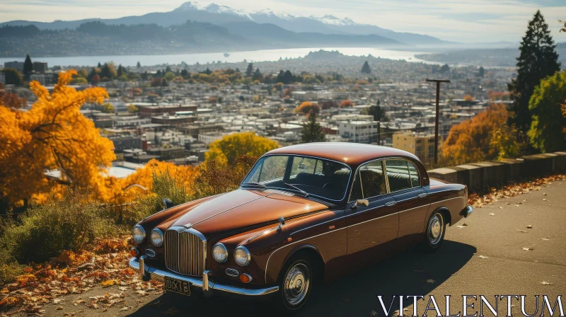 Brown Vintage Car Parked on Road with Cityscape and Mountains AI Image