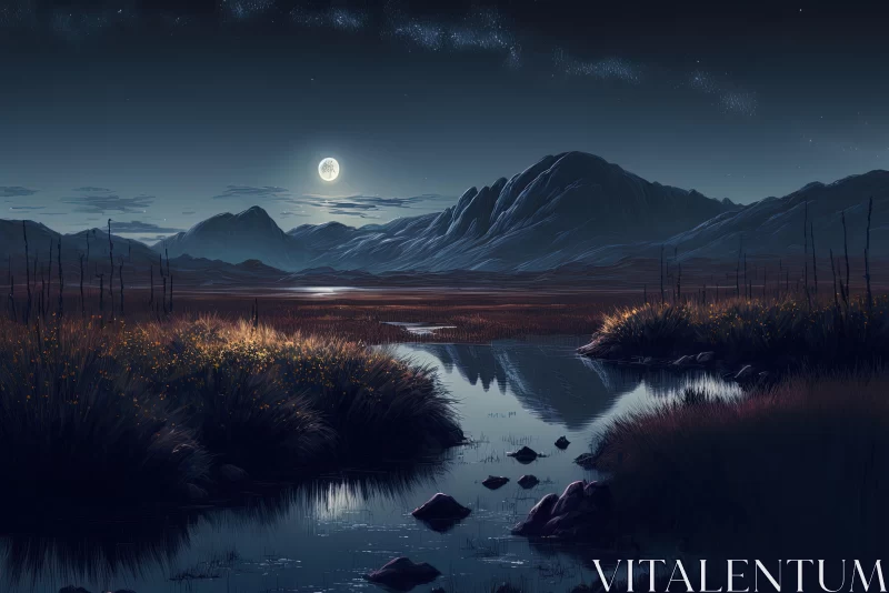 Captivating Night Scene: Delicately Rendered Mountains and Water AI Image