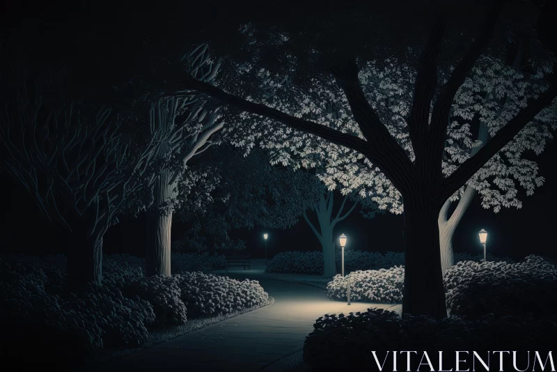 AI ART Captivating Night Scene: Illuminated Trees and Path