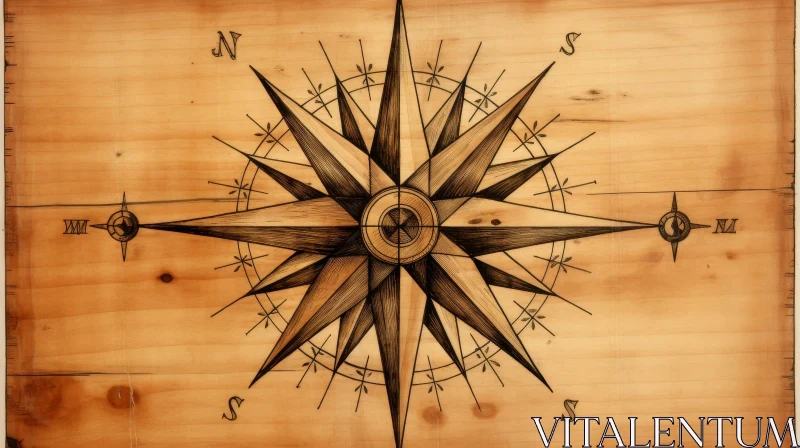AI ART Compass Rose Drawing on Wooden Background
