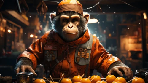 Curious Chimpanzee in Orange Jumpsuit - Captivating Room Scene