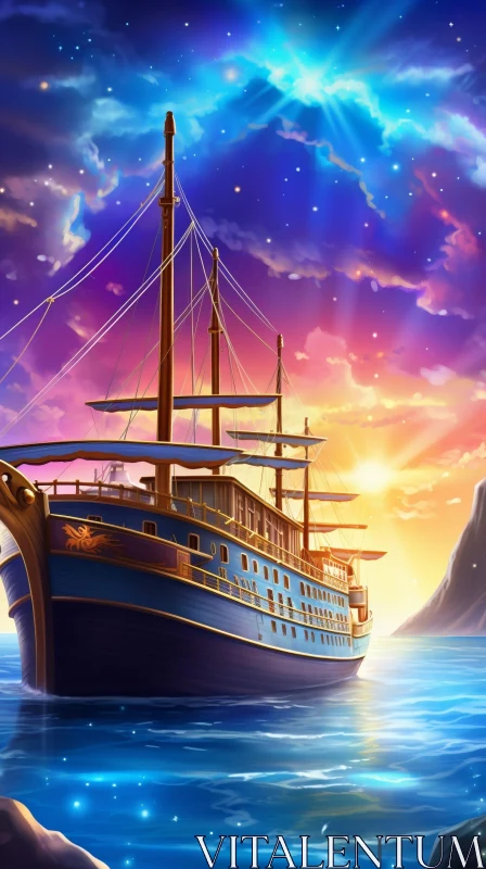 Dragon Ship Sailing Painting on Sea to Island AI Image