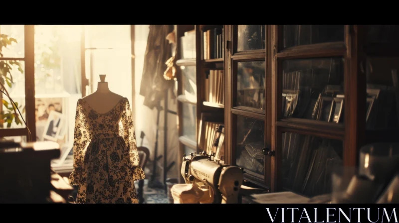 AI ART Elegance in Vintage: Dress Form and Sewing Machine in Sunlit Room
