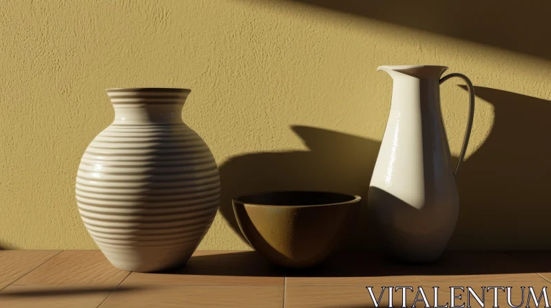 Elegant 3D Still Life Rendering with Vase, Bowl, and Jug AI Image