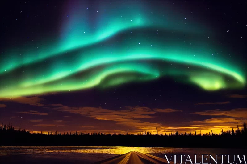 Enchanting Aurora Borealis Over Country Road and Water AI Image
