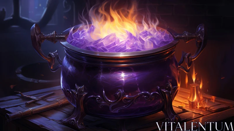 Enchanting Purple Cauldron with Blue Fire - Digital Art AI Image