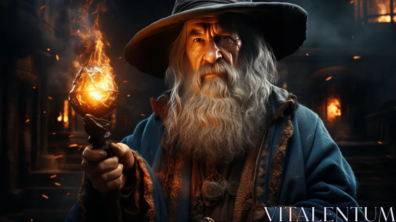 Enchanting Wizard with Fiery Orb in Dark Room AI Image