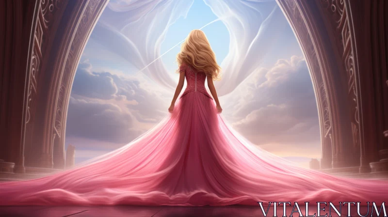 Ethereal Woman in Pink Gown - Grand Hall Scene AI Image