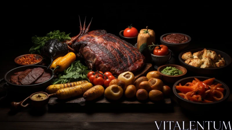 AI ART Exquisite Still Life of Roasted Meat and Vegetables