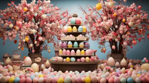 Festive Easter Scene with Colorful Eggs and Cherry Blossom Trees