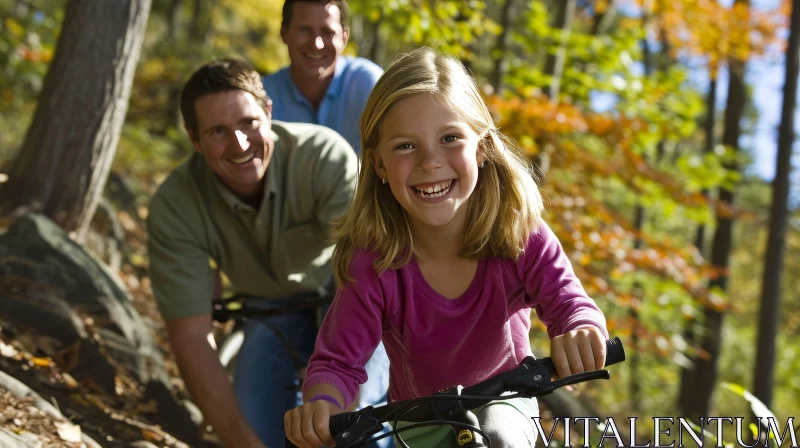 Happy Family Riding Bicycles in Woods AI Image