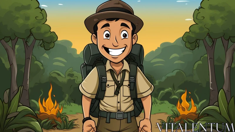 Male Explorer Cartoon Character in Jungle Sunset AI Image