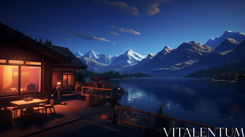 AI ART Night Lake and Mountain Landscape with Glowing Cabin