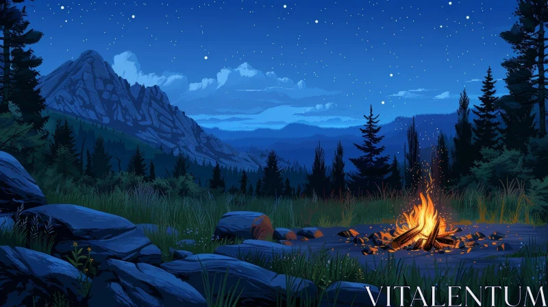 AI ART Night Mountain Range Landscape with Bonfire