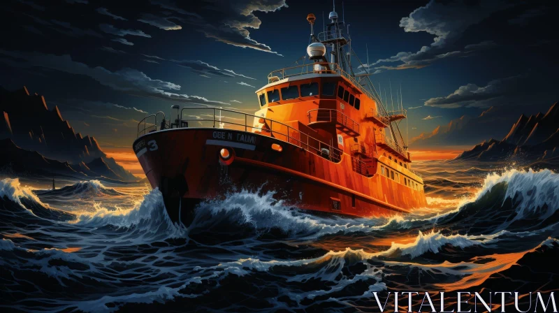 Orange Ship Battling Waves in Dark Sea AI Image