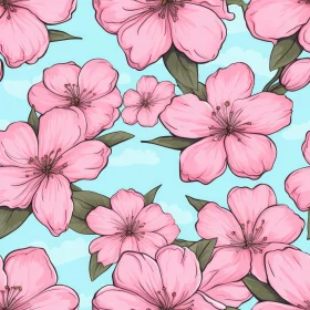 Pink Cherry Blossoms on Blue Background - Floral Seamless Pattern