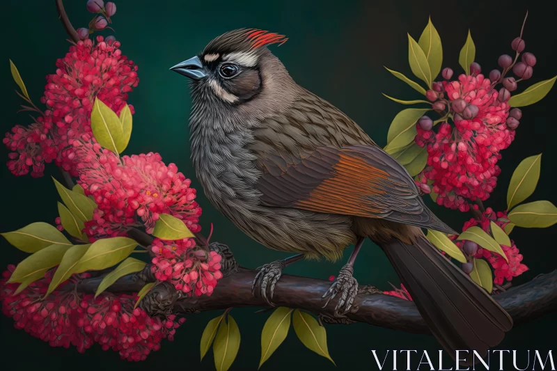 Realistic Hyper-detailed Bird Perched on Branch with Flower AI Image