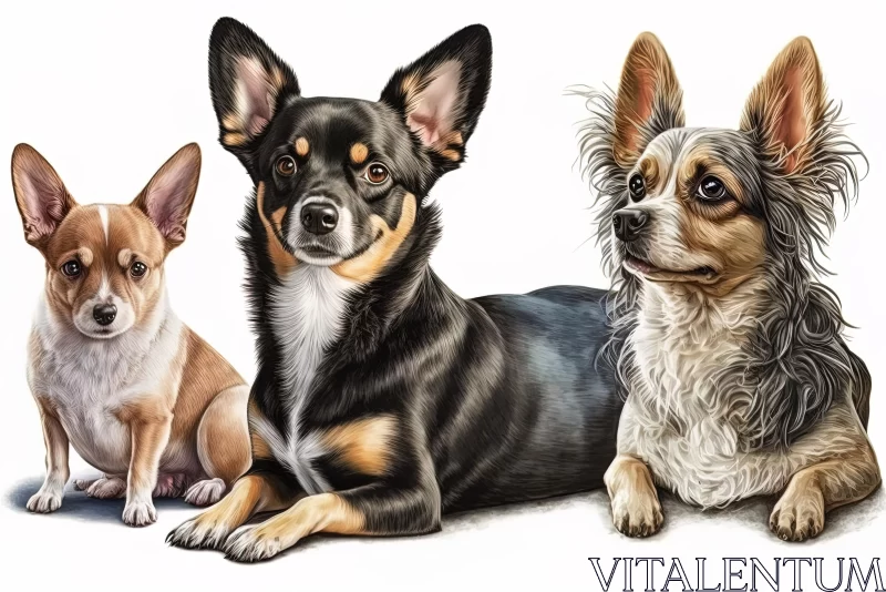 Realistic Portrayal of Chihuahua and Bulldog Trio | Detailed Animal Illustrations AI Image