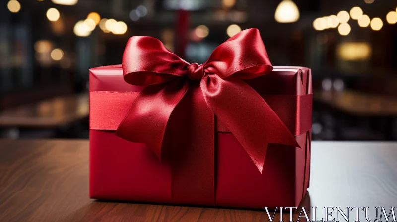 Red Gift Box on Wooden Table - Bokeh Lights Background AI Image