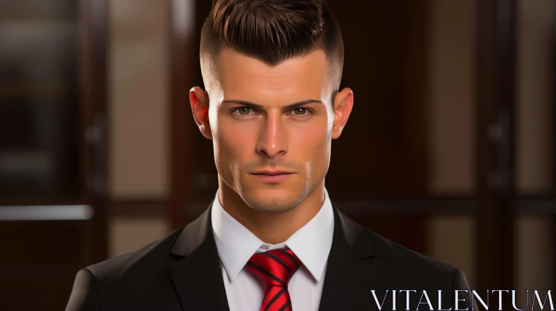 AI ART Serious Young Man Portrait in Black Suit and Red Tie