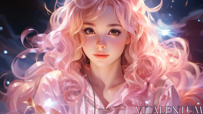 Young Woman Portrait with Pink Hair in Night Sky AI Image