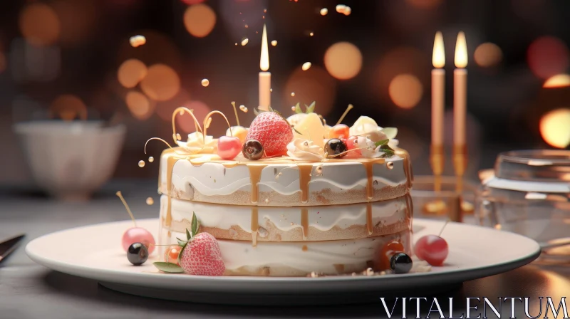 Delicious Three-Tiered Cake with Fruit Decorations AI Image