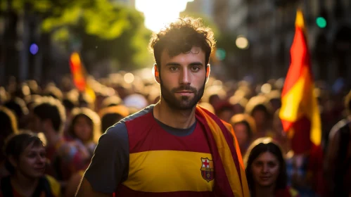 Determined Football Fan in FC Barcelona Jersey