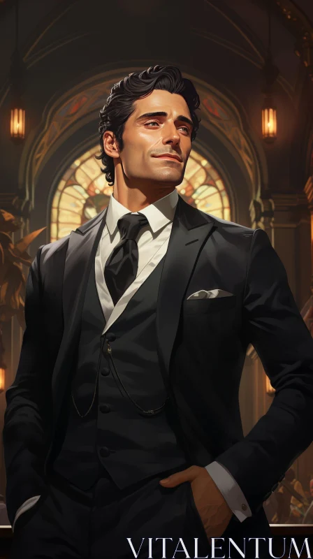 Elegant Man in Black Suit Standing in Dimly Lit Room AI Image
