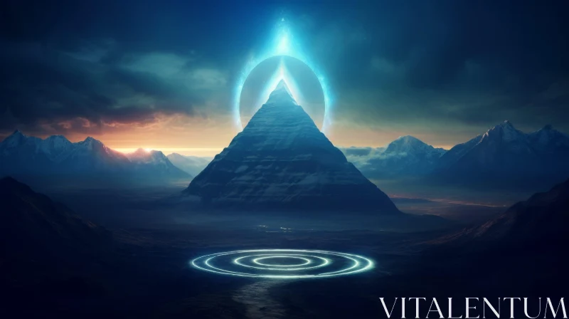 Enigmatic Glowing Pyramid in Valley - Mystical Landscape AI Image