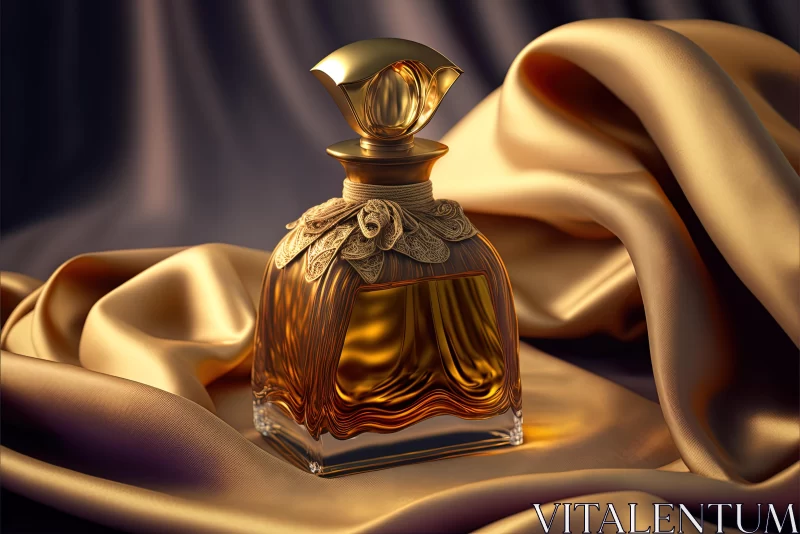 Exquisite Gold Perfume Bottle on Luxurious Silk Linen AI Image